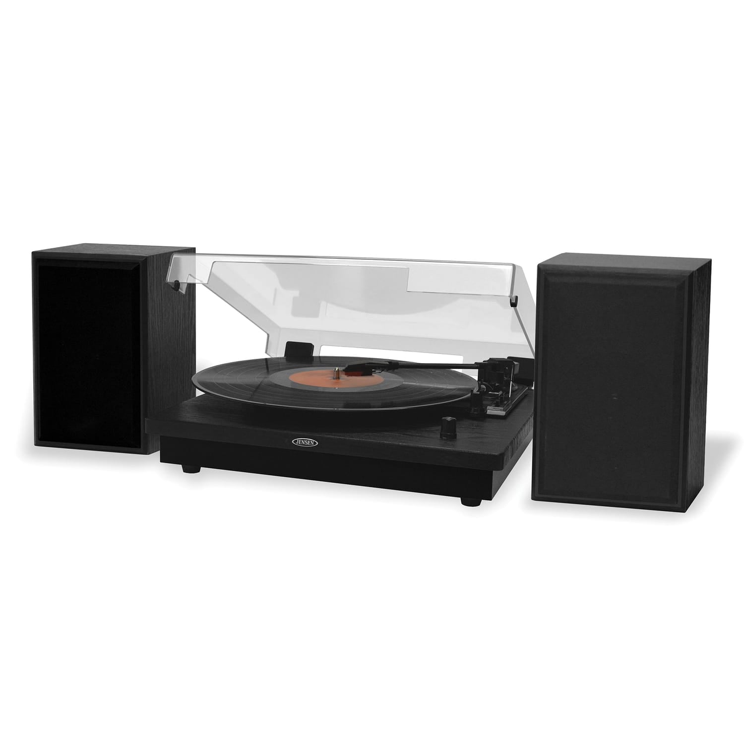 Jensen 20-Watt 3-Speed Belt-Drive Manual Turntable with External Speakers, Bluetooth In/Out, Aux, Pitch Control, and 45-RPM Adapter, JTA-315
