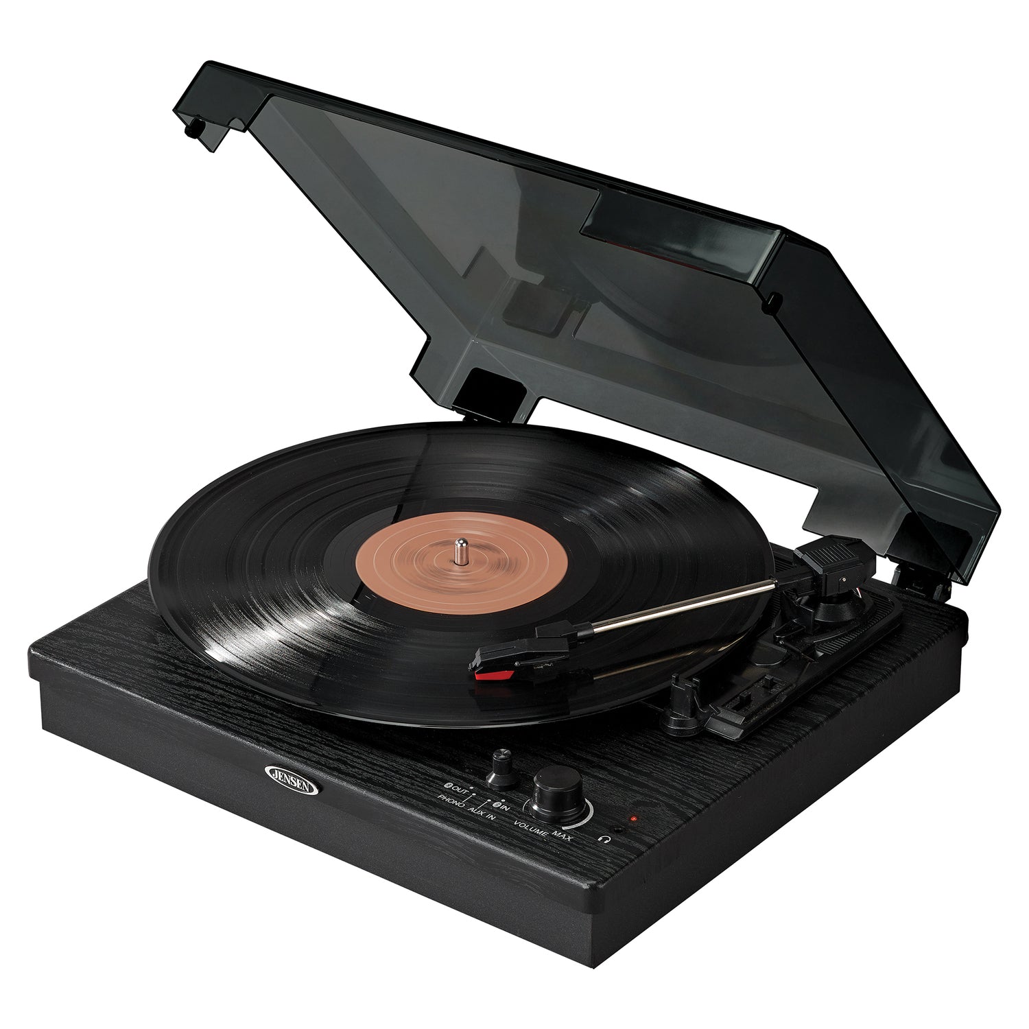Jensen 20-Watt 3-Speed Belt-Drive Manual Turntable with External Speakers, Bluetooth In/Out, Aux, Pitch Control, and 45-RPM Adapter, JTA-315