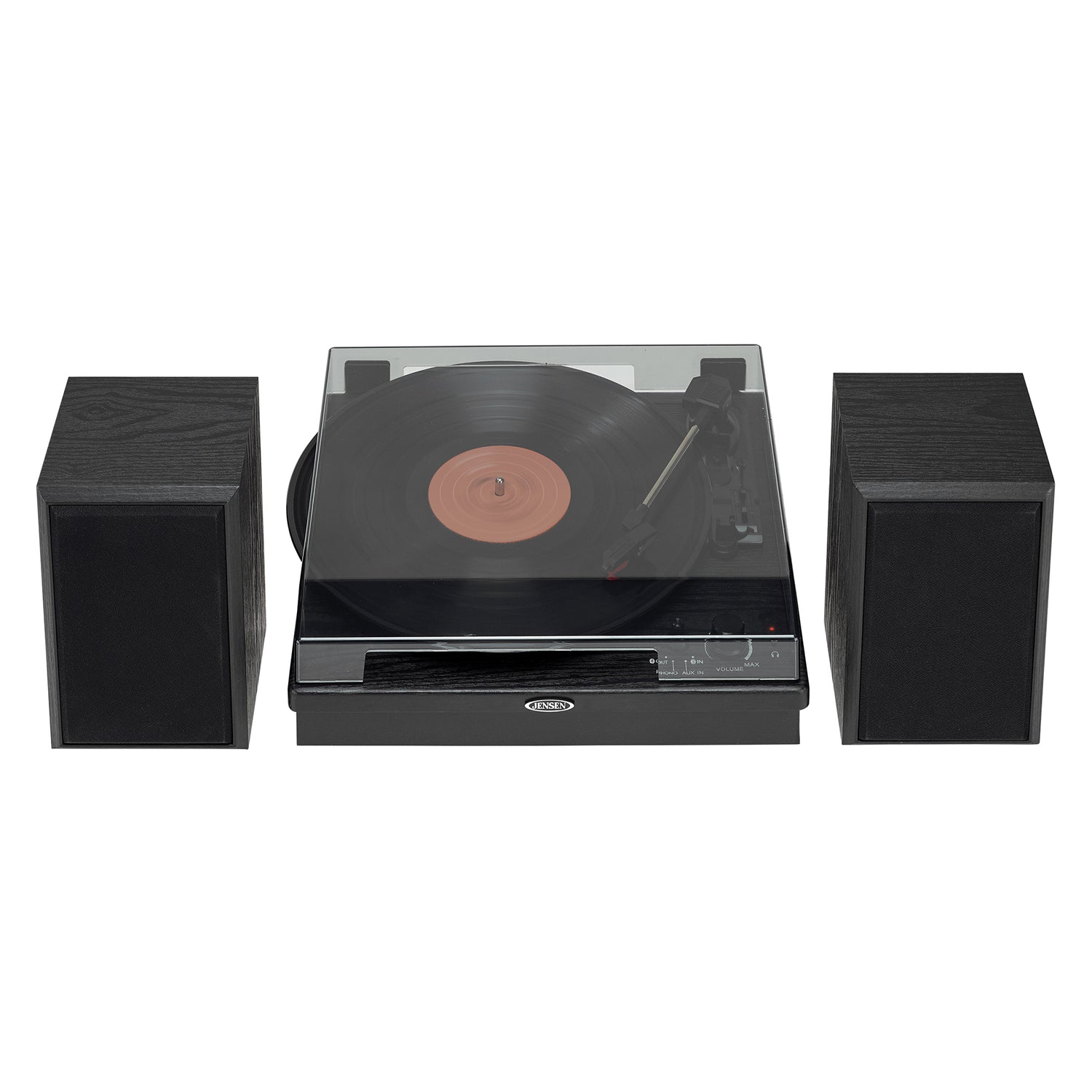 Jensen 20-Watt 3-Speed Belt-Drive Manual Turntable with External Speakers, Bluetooth In/Out, Aux, Pitch Control, and 45-RPM Adapter, JTA-315