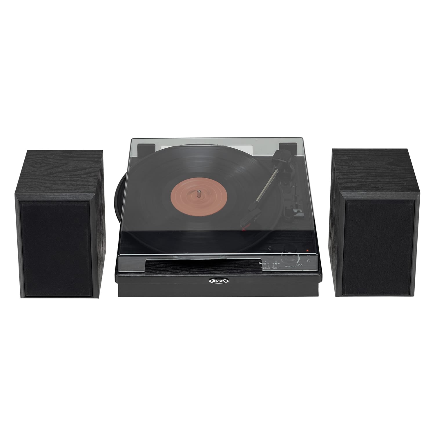Jensen 20-Watt 3-Speed Belt-Drive Manual Turntable with External Speakers, Bluetooth In/Out, Aux, Pitch Control, and 45-RPM Adapter, JTA-315