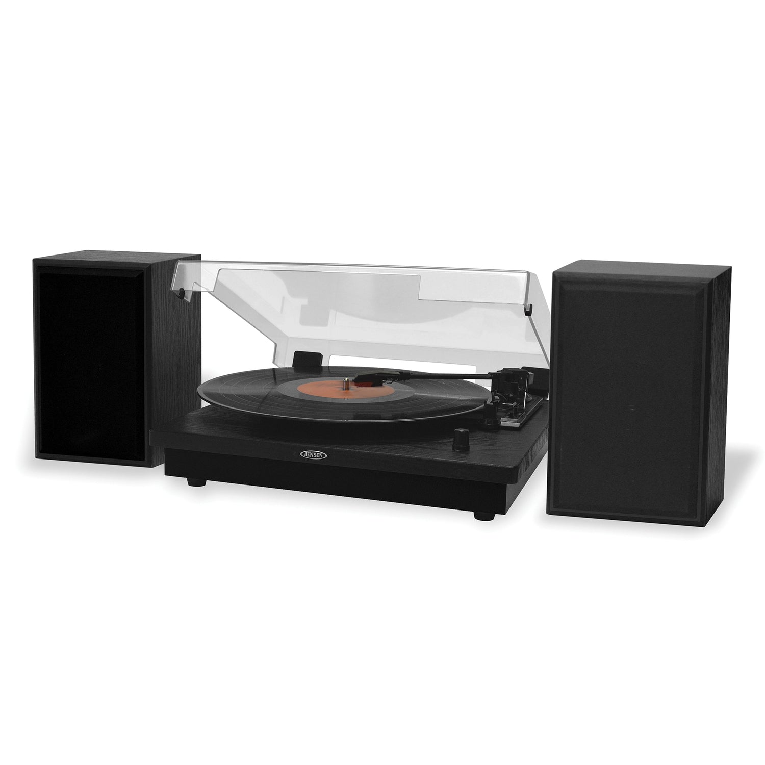 Jensen 20-Watt 3-Speed Belt-Drive Manual Turntable with External Speakers, Bluetooth In/Out, Aux, Pitch Control, and 45-RPM Adapter, JTA-315