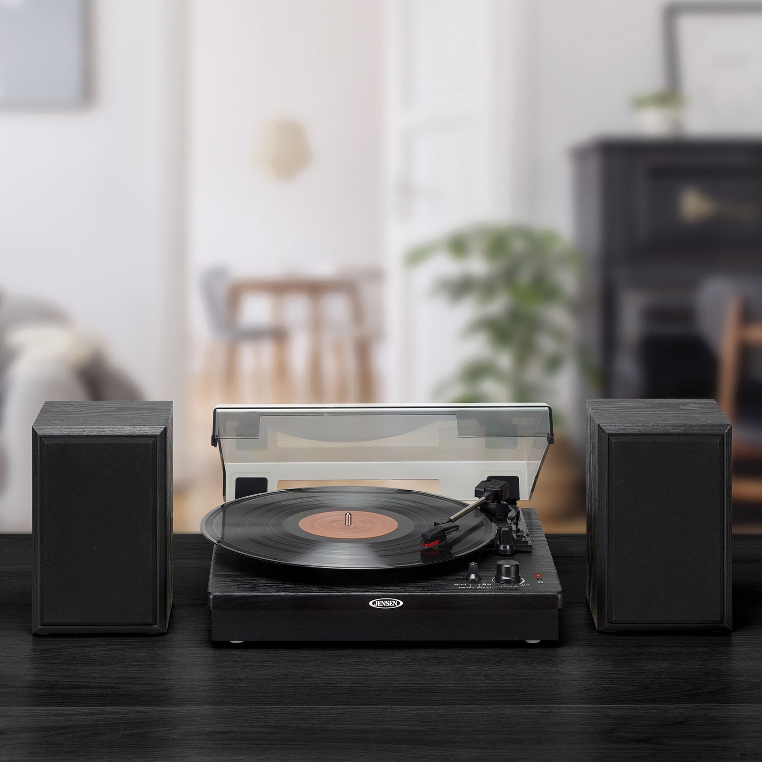 Jensen 20-Watt 3-Speed Belt-Drive Manual Turntable with External Speakers, Bluetooth In/Out, Aux, Pitch Control, and 45-RPM Adapter, JTA-315