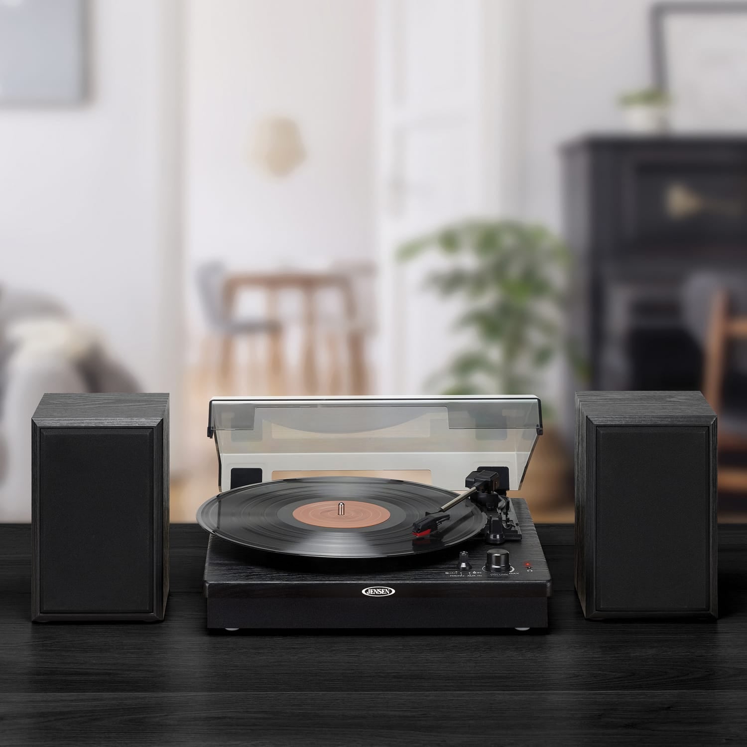 Jensen 20-Watt 3-Speed Belt-Drive Manual Turntable with External Speakers, Bluetooth In/Out, Aux, Pitch Control, and 45-RPM Adapter, JTA-315