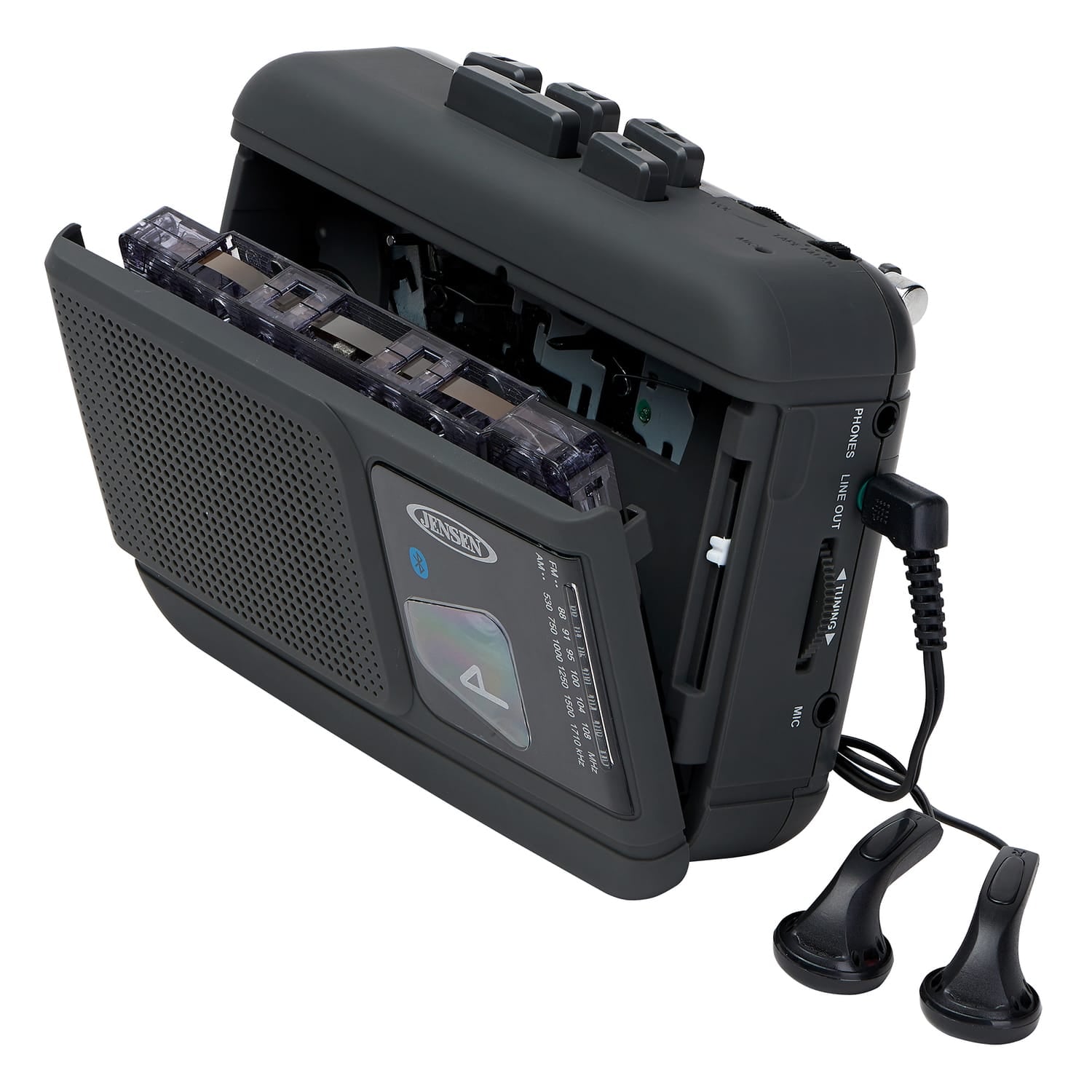 Jensen Portable Bluetooth Personal Cassette Player/Recorder with Built-in Speakers, AM/FM Radio, Line Output, and Earbuds, MCR-60