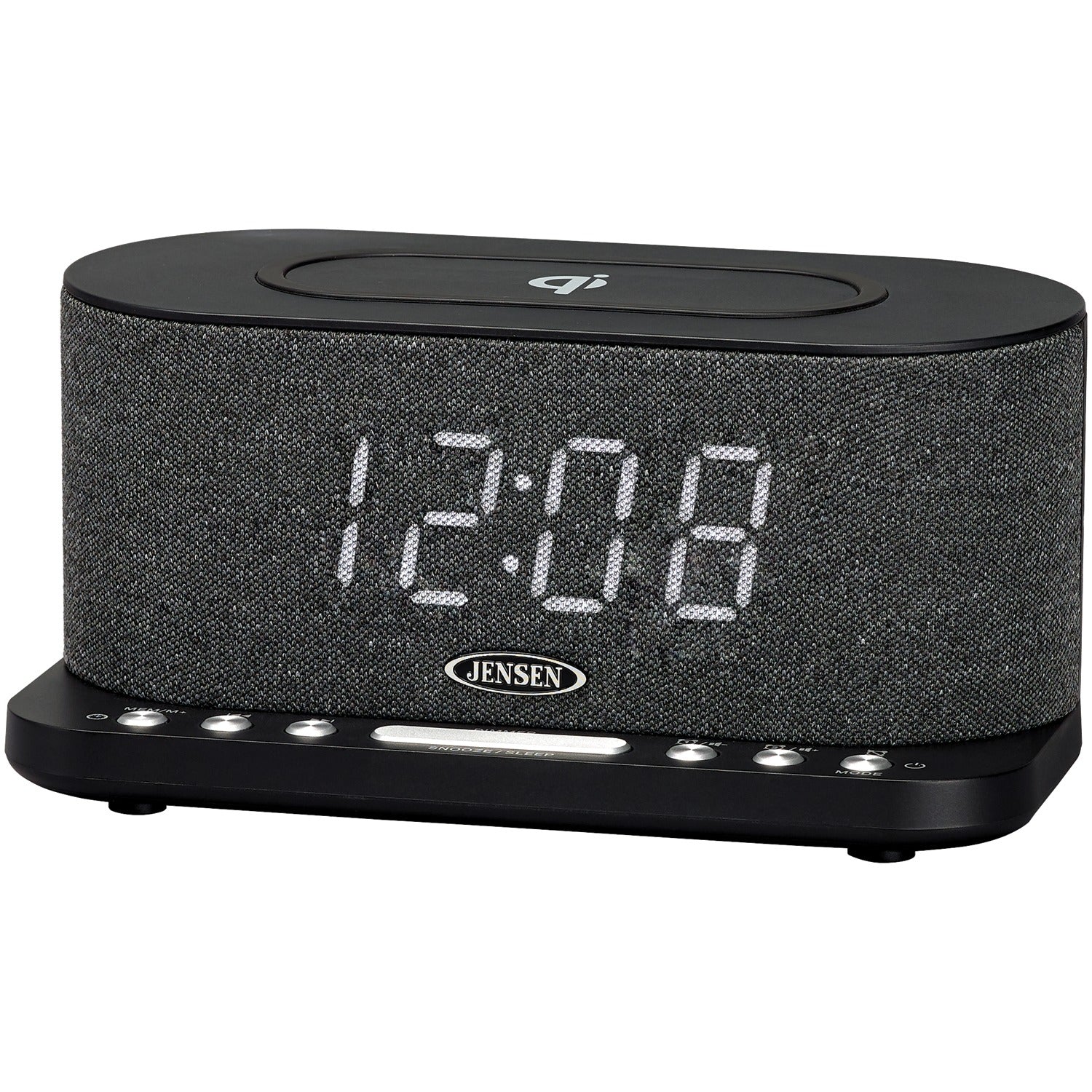 Jensen FM Digital Dual-Alarm Clock Radio with Large Display, Wireless Qi and USB Charging, Aux Input, and Battery Backup, QiCR-50