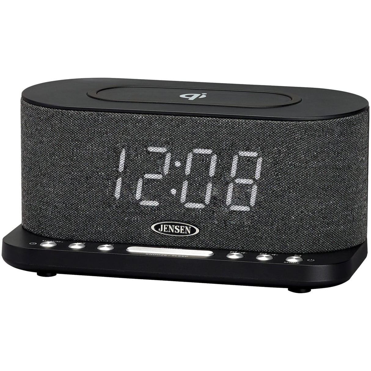 Jensen FM Digital Dual-Alarm Clock Radio with Large Display, Wireless Qi and USB Charging, Aux Input, and Battery Backup, QiCR-50