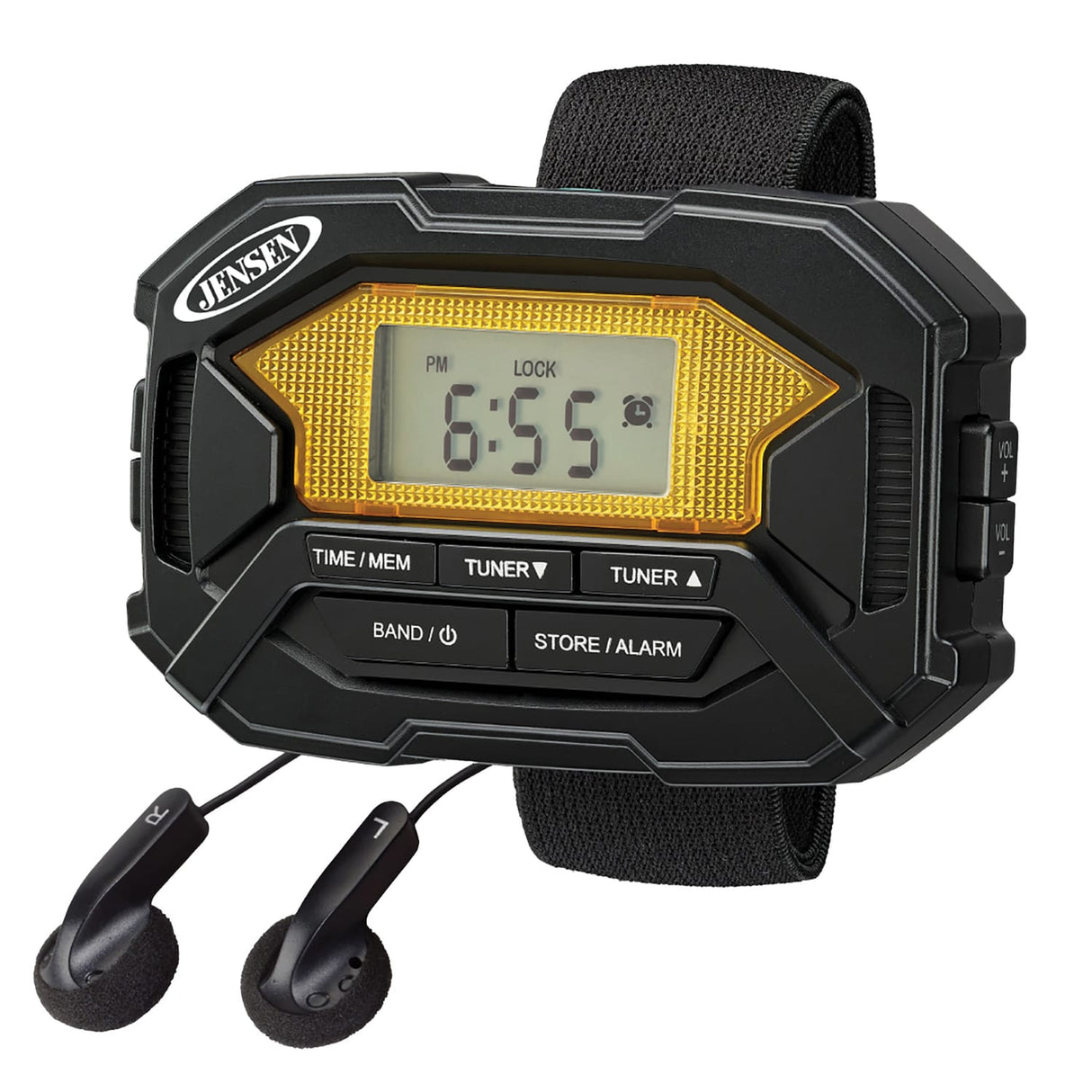 Jensen Armband Digital AM/FM Stereo Radio with Clock and Earbuds, Black, SAB-60