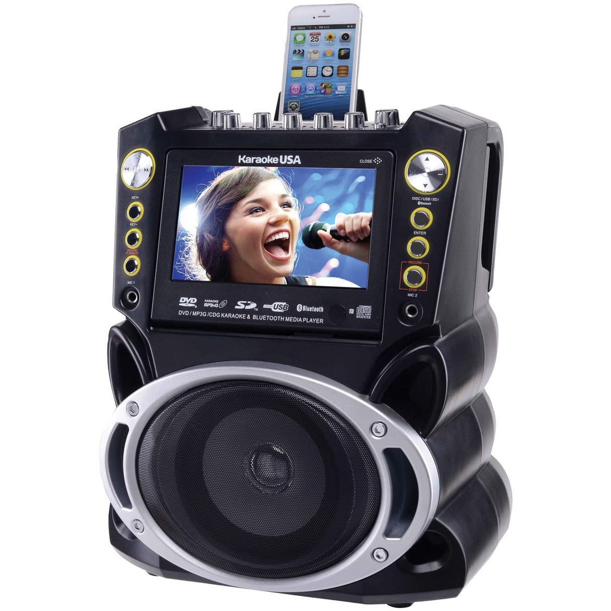 Karaoke USA DVD/CDG/MP3G 35-Watt Karaoke Machine with 7-In. Color Screen, Bluetooth, Record Function, 2 Microphones, and Remote