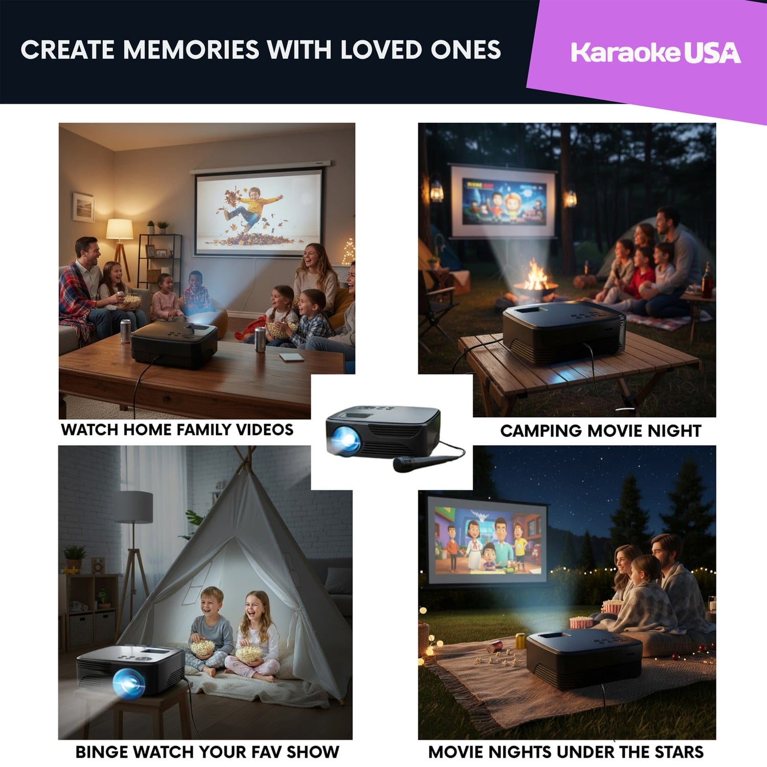 Karaoke USA All-in-1 720p Mini Bluetooth Projector Set with Screen, Karaoke Microphone, and Remote