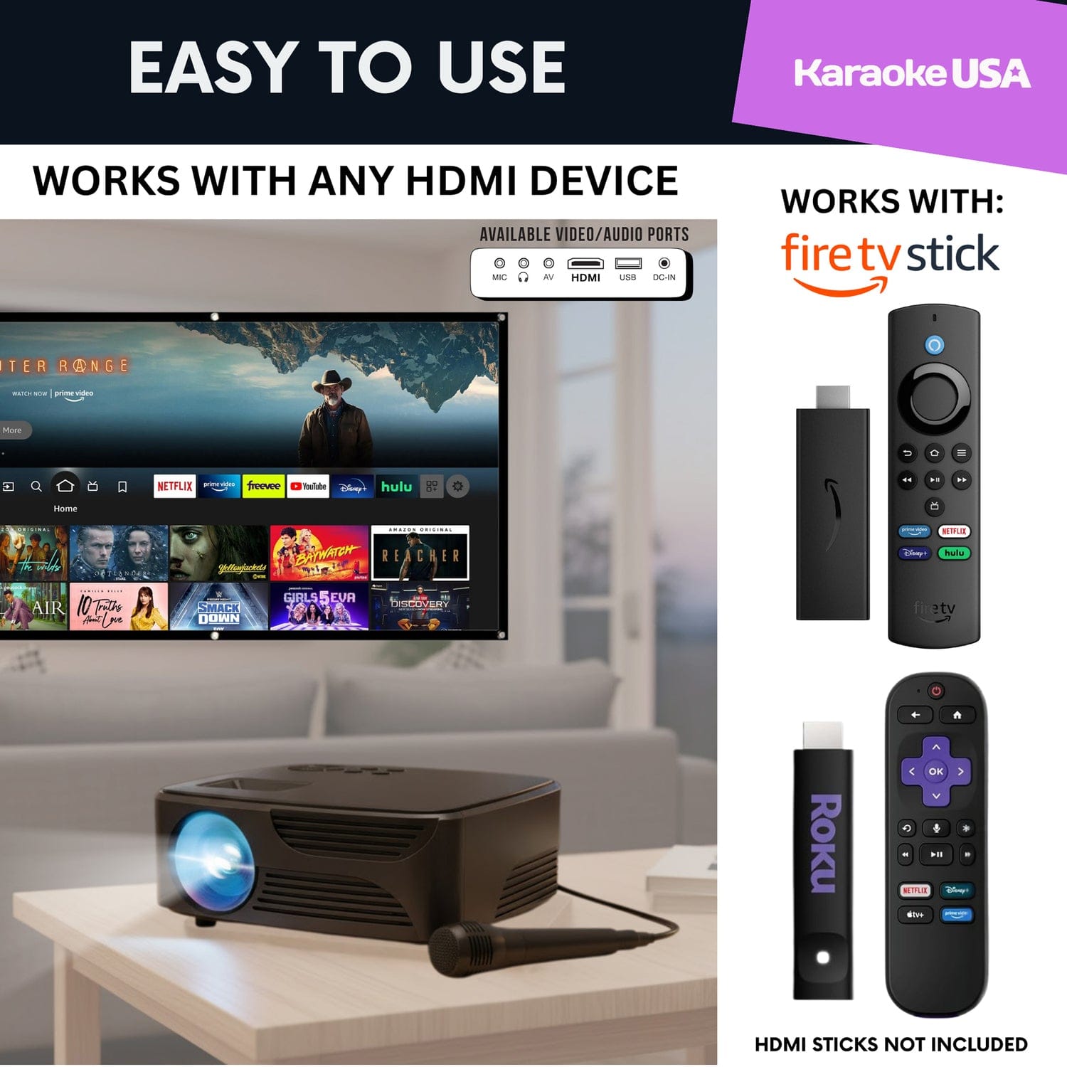 Karaoke USA All-in-1 720p Mini Bluetooth Projector Set with Screen, Karaoke Microphone, and Remote