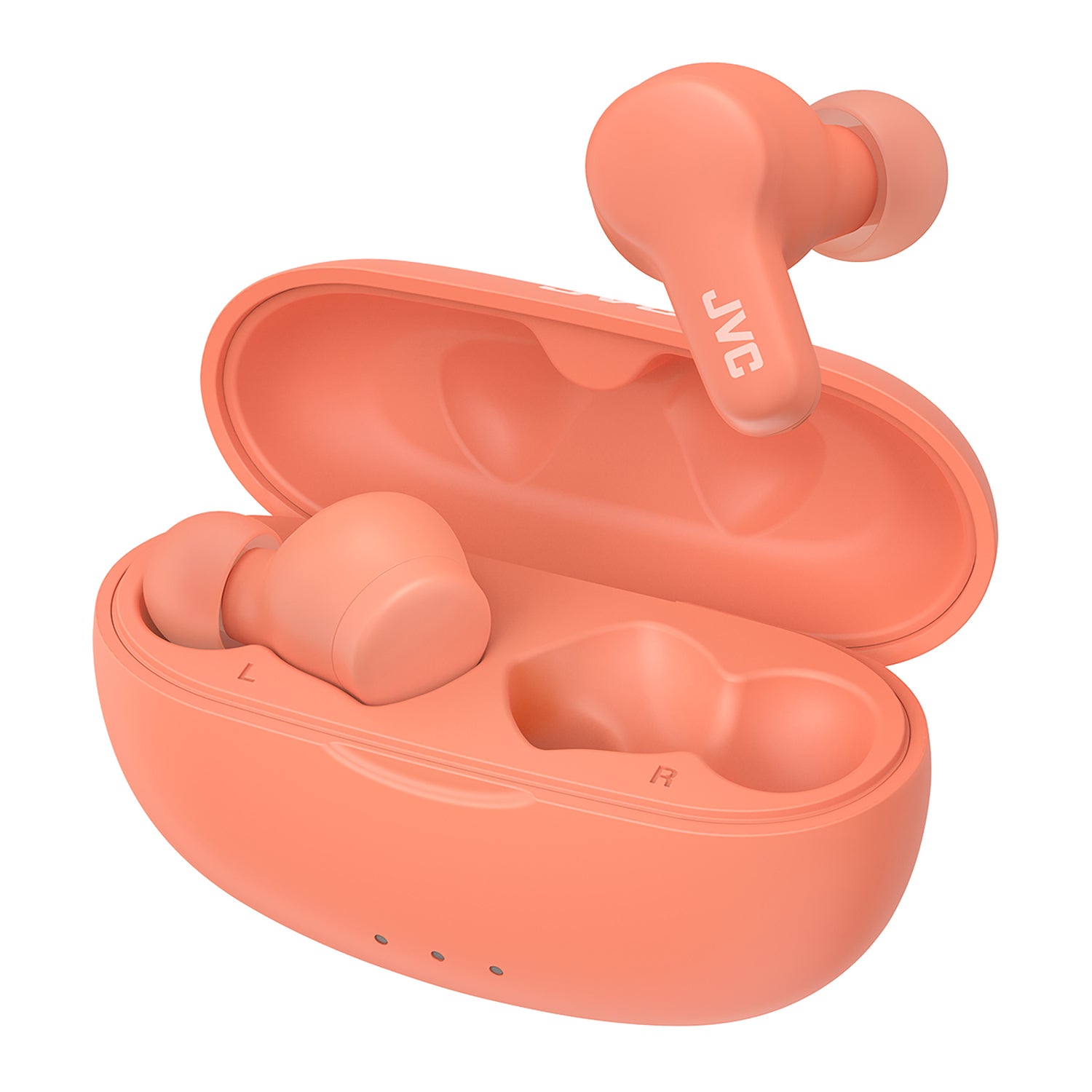 JVC Gumy TWS Bluetooth In-Ear Earbuds with Mic and Charging Case, up to 24 Hours Play Time, IPX4 Waterproof, HA-A7T2, Peach