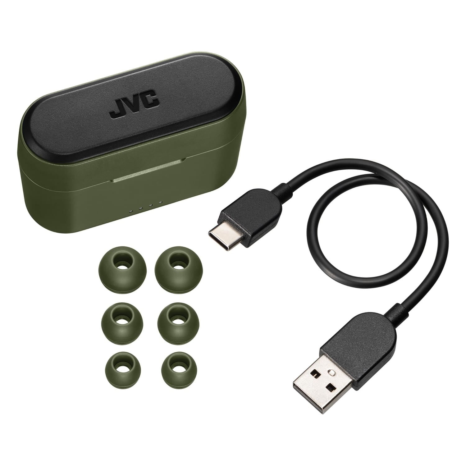 JVC RIPTIDZ TWS Bluetooth In-Ear Earbuds with Mic and Charging Case, up to 30 Hours Play Time, IPX5 Waterproof, HA-A9T, Olive