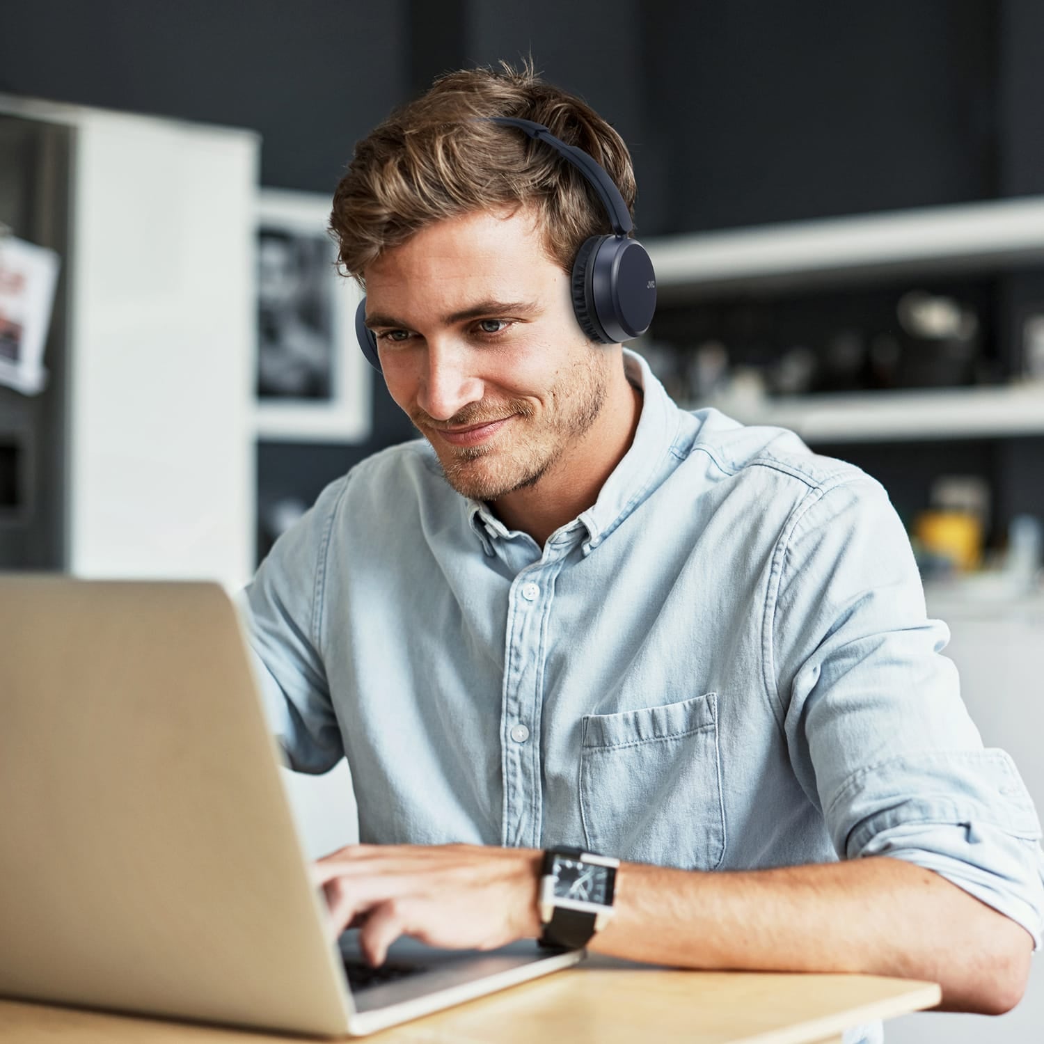 JVC Bluetooth Folding On-Ear Headphones with Mic, Deep Bass, up to 35 Hours Play Time, HA-S36W, Blue
