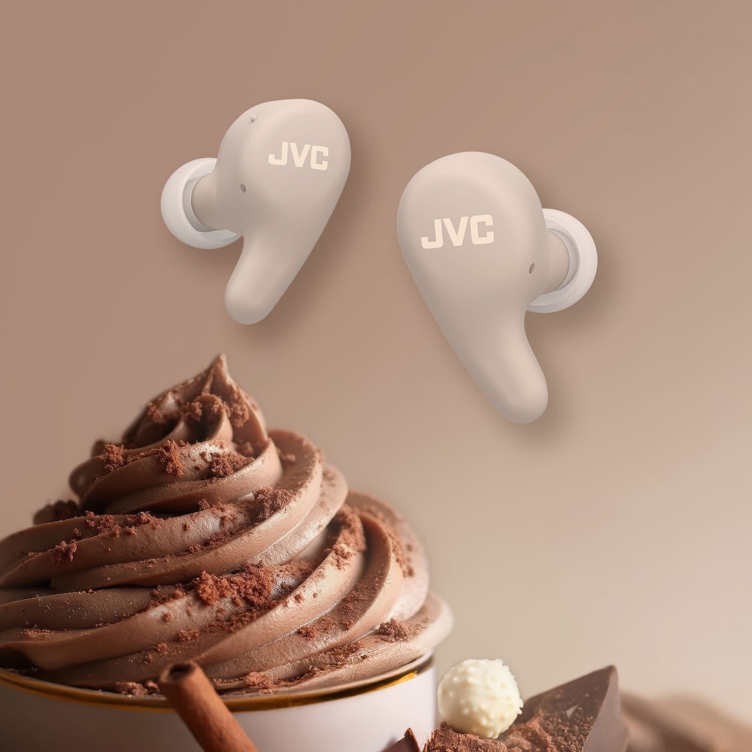 JVC Gumy Premium TWS Bluetooth Earbuds with Mic and Charging Case, ANC, up to 26 Hours Play Time, IPX4 Waterproof, HAA23T, Tan
