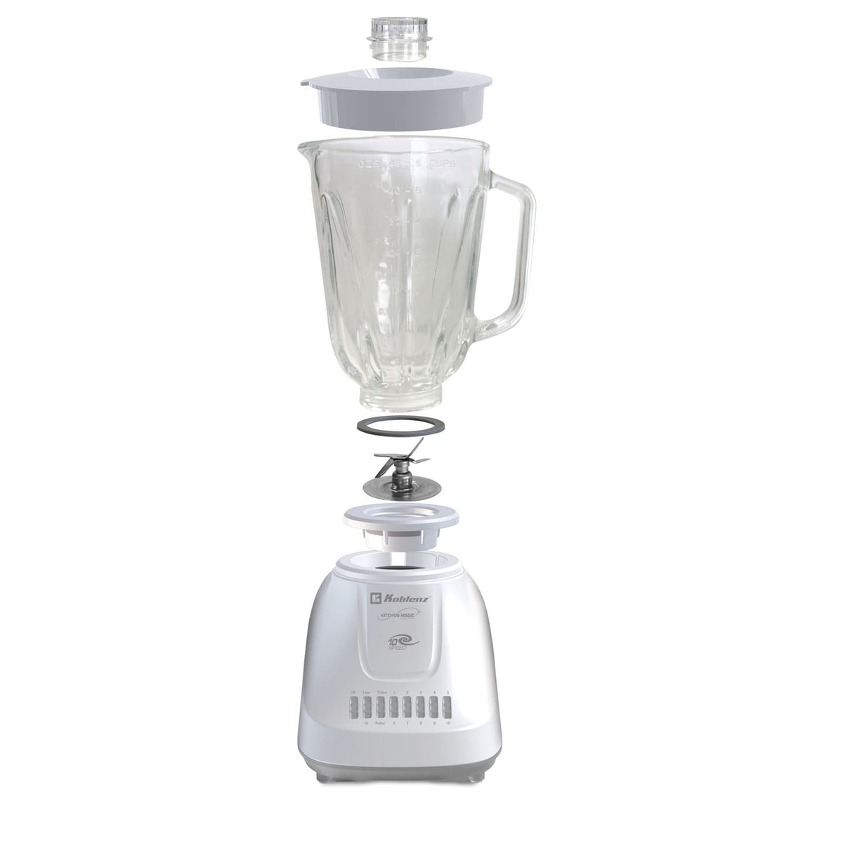 Koblenz 1.5-Liter Kitchen Magic Collection 10 Speed and 2 Pulses Glass Jar Blender, White/Gray