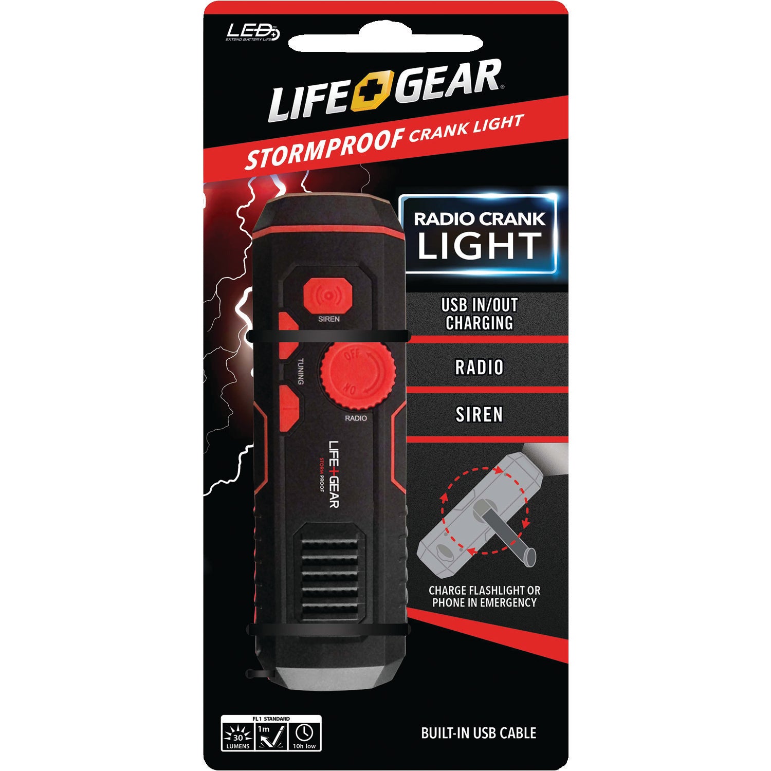 LifeGear 100-Lumen Stormproof USB Crank Flashlight and Radio