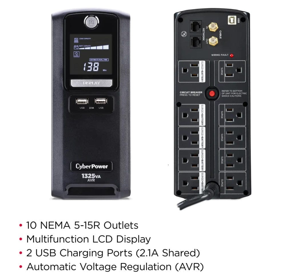 CyberPower LX1325GU 1325 VA / 810 W 10 Outlets Battery Backup UPS - New Battery Certified Refurbished