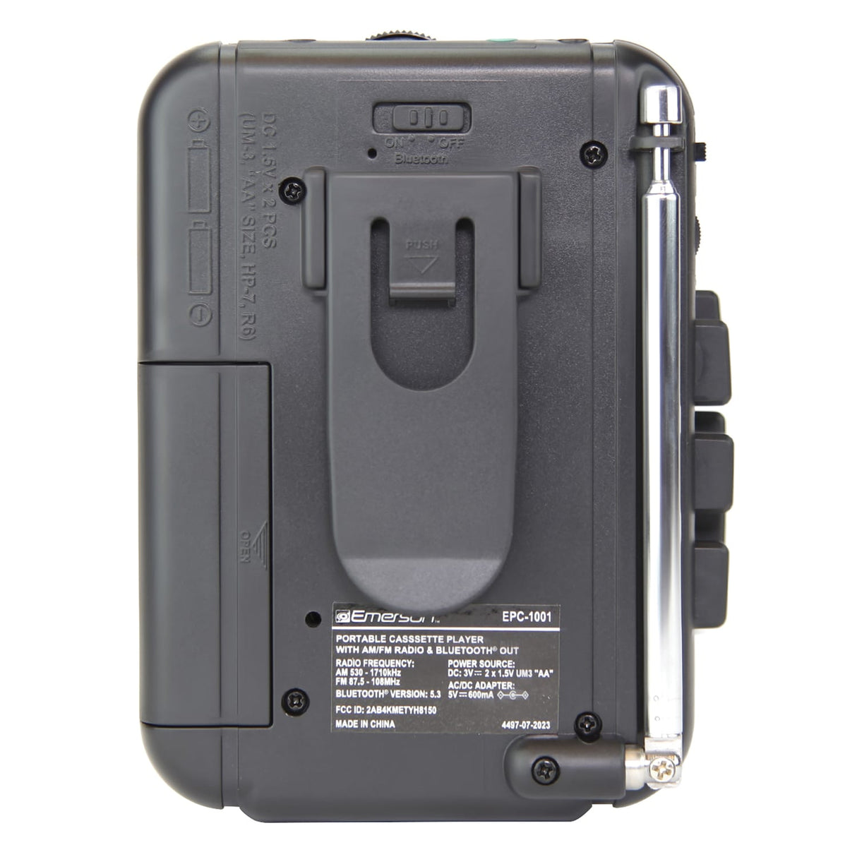 Emerson Portable Cassette Player with AM/FM Radio, Earbuds, and Bluetooth Out, Gray, EPC-1001