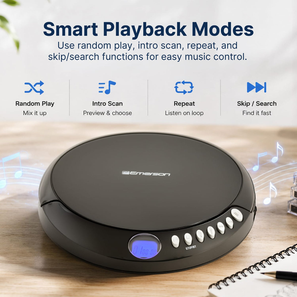 Emerson Portable CD Player with FM Radio, Earbuds, and AudioStream/Bluetooth Out, EPCD-2003
