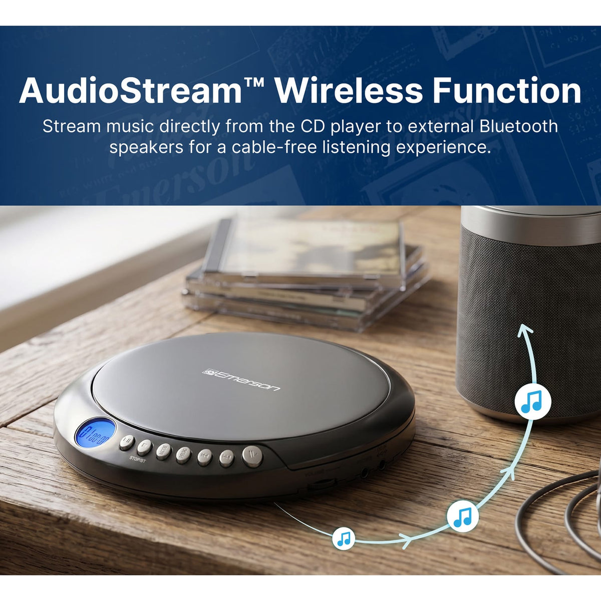 Emerson Portable CD Player with FM Radio, Earbuds, and AudioStream/Bluetooth Out, EPCD-2003