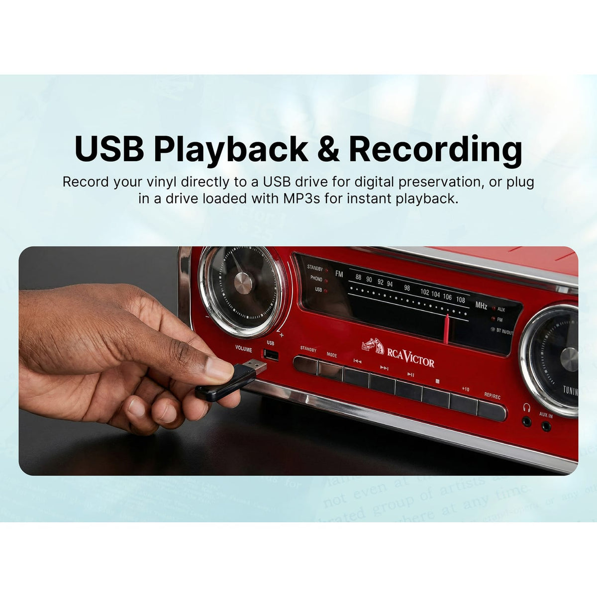 RCA Victor 3-Watt Woodward 3-Speed Belt-Drive Manual 7-in-1 Turntable Music Center with Bluetooth, USB Encode/Playback, FM Radio, Aux, AudioStream