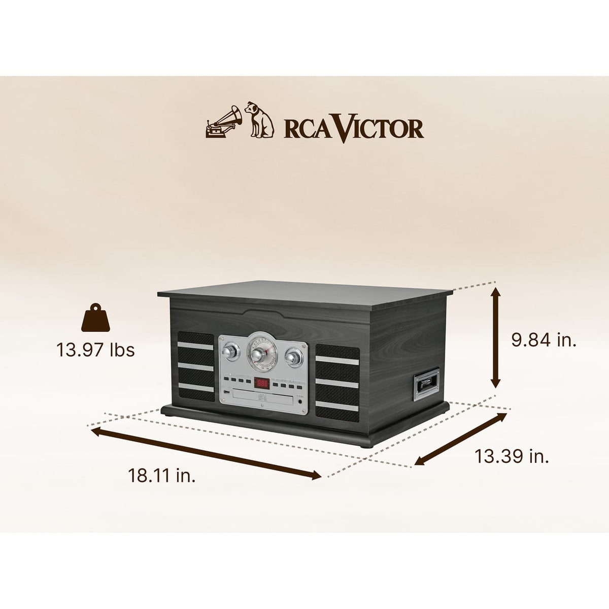 RCA Victor 10-Watt Roxbury 3-Speed Belt-Drive Manual 8-in-1 Turntable Music Center, Bluetooth, CD/Cassette/AM FM/USB/Aux, AudioStream, Graphite