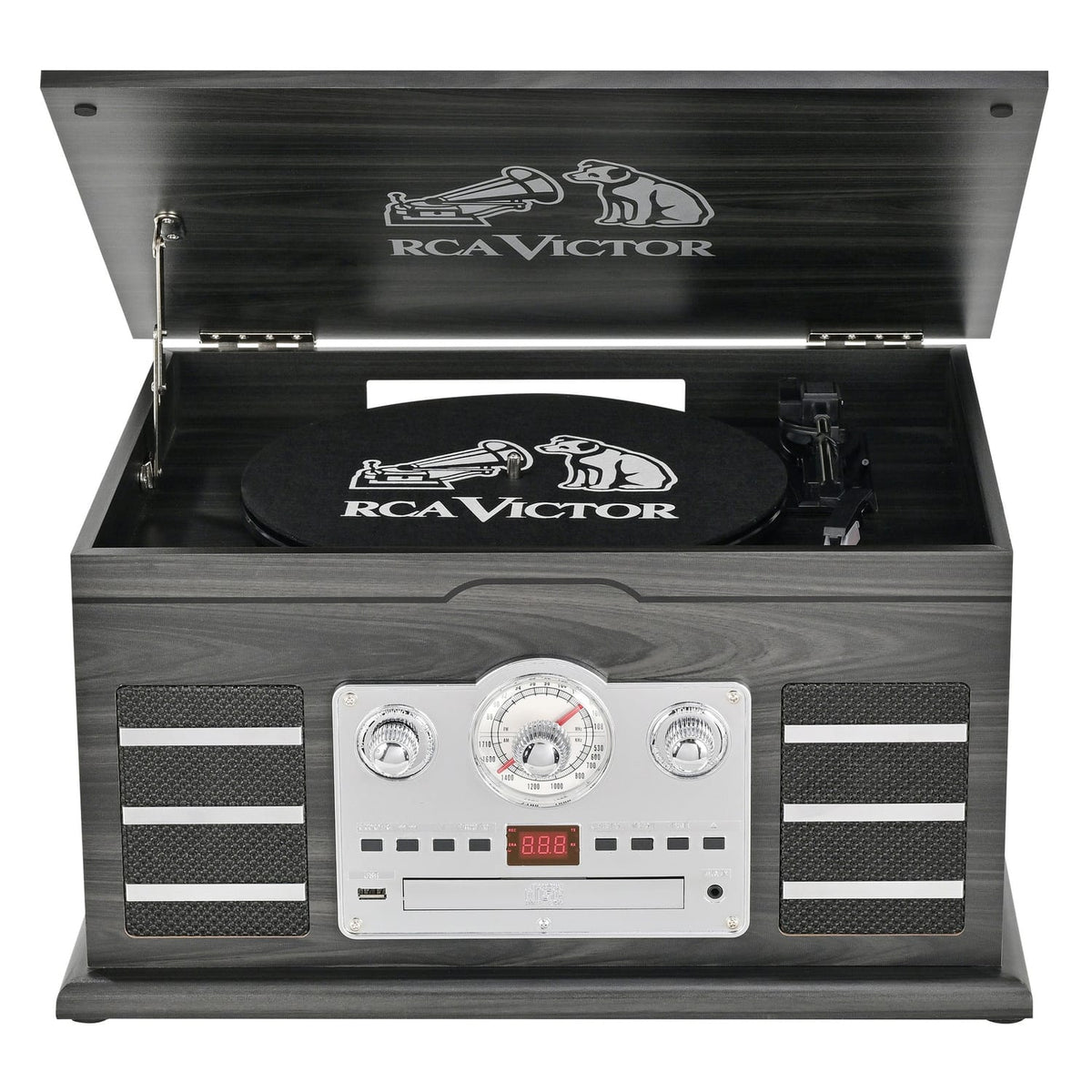 RCA Victor 10-Watt Roxbury 3-Speed Belt-Drive Manual 8-in-1 Turntable Music Center, Bluetooth, CD/Cassette/AM FM/USB/Aux, AudioStream, Graphite