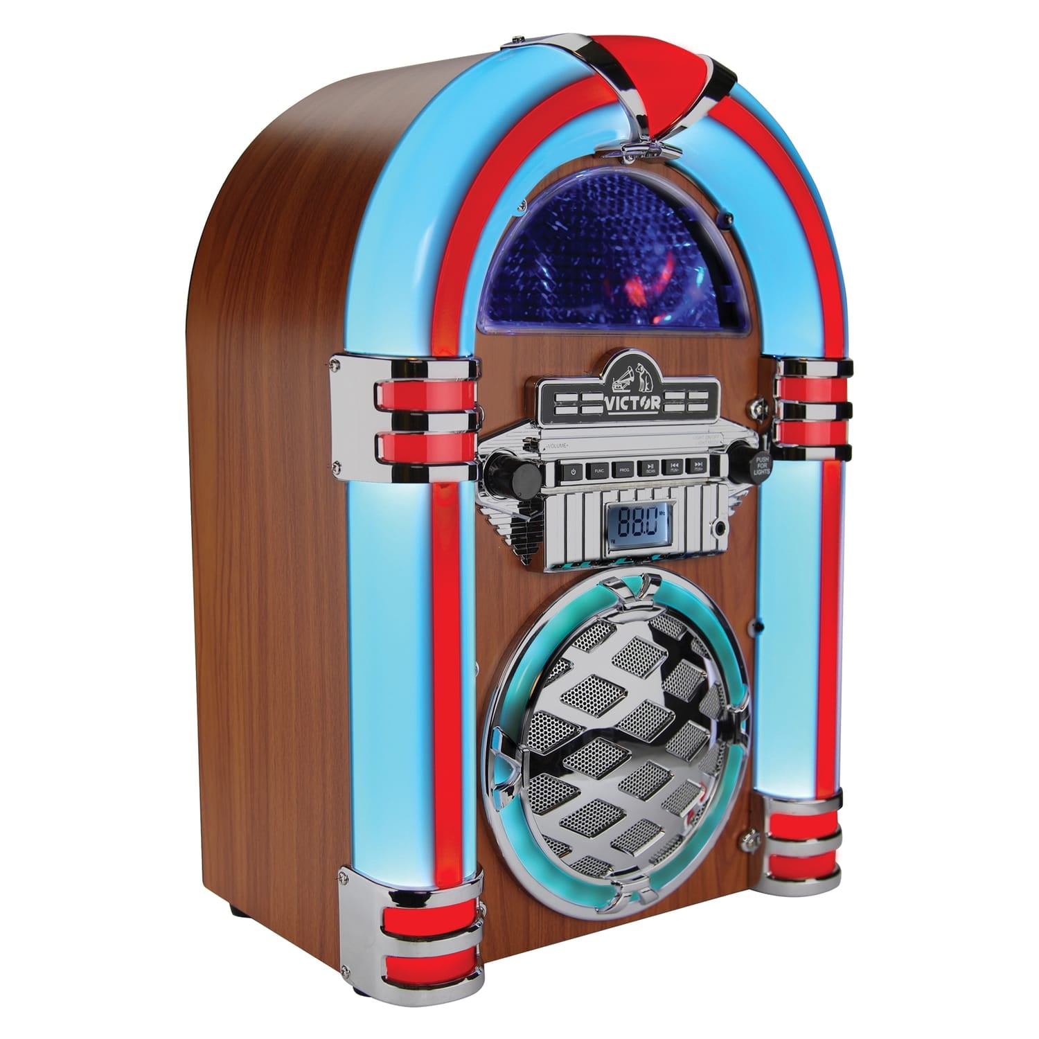 Victor 5-Watt Wilshire Desktop Bluetooth Home Jukebox with Built-in Speaker, LED Lights, FM Radio, and Aux, VDTJ-1450-MH