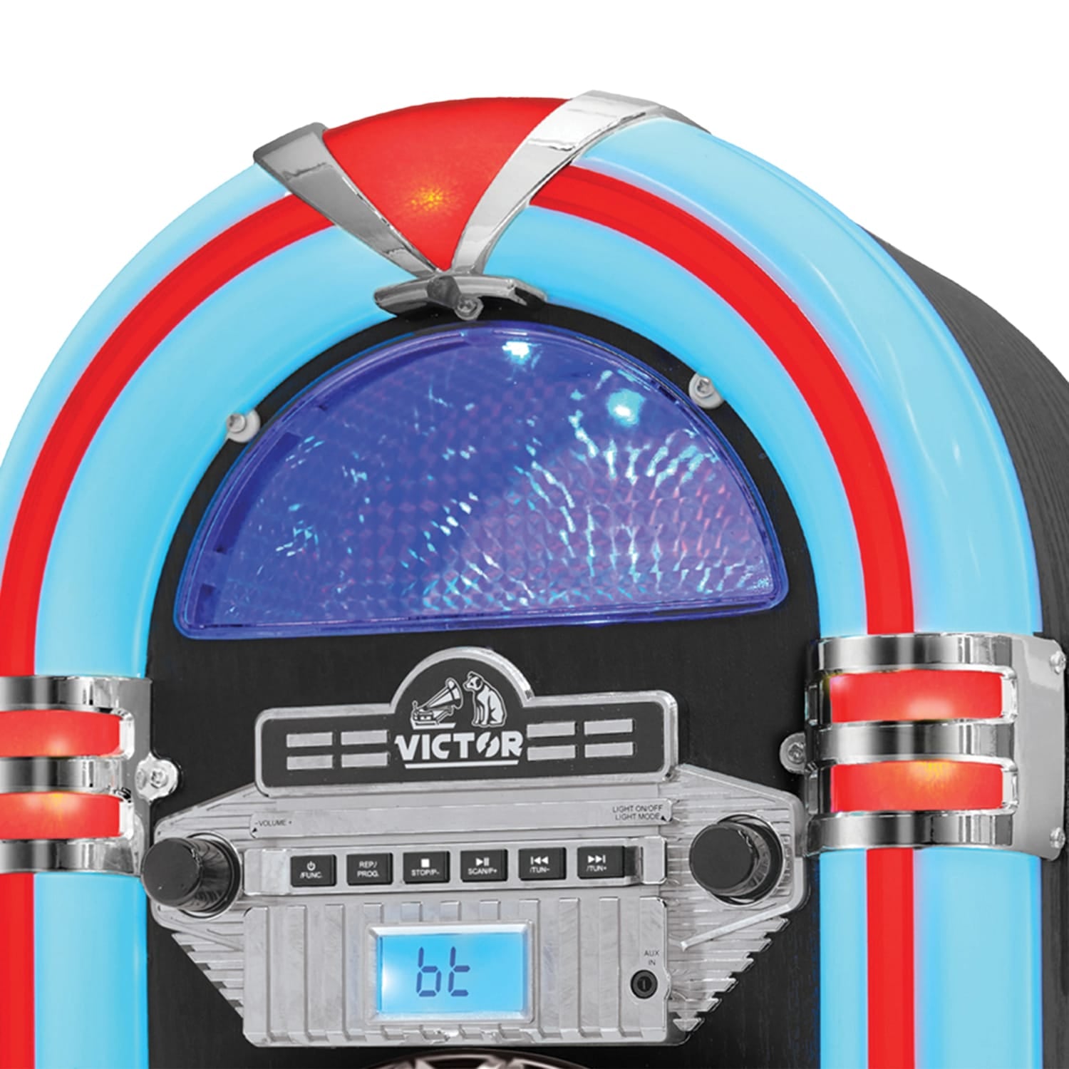 Victor 10-Watt Broadway Desktop Bluetooth Home Jukebox with Built-in Speakers, LED Lights, CD Player, FM Radio, and Aux, VDTJ-1550-BK