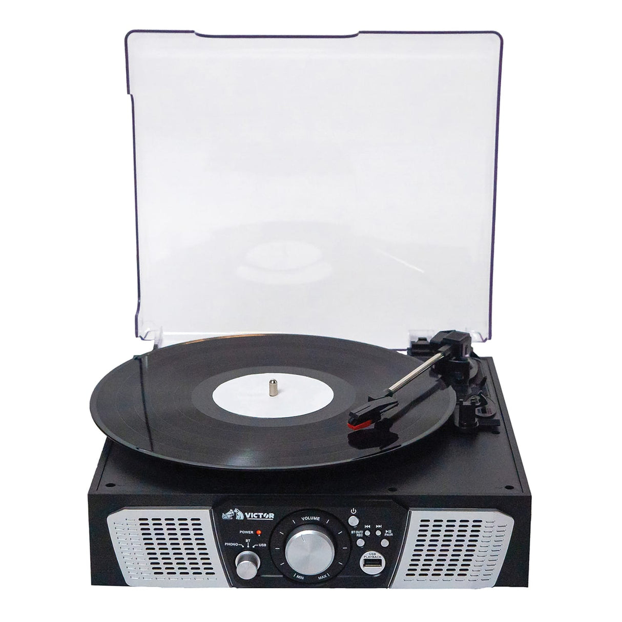 Victor 2-Watt Lakeshore 3-Speed Belt-Drive Manual Retro Turntable with Built-in Speakers, Bluetooth In/Out, USB/Aux, and 45 RPM Adapter, VHRP-1100