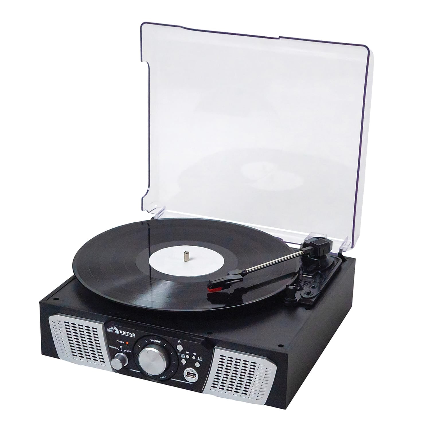 Victor 2-Watt Lakeshore 3-Speed Belt-Drive Manual Retro Turntable with Built-in Speakers, Bluetooth In/Out, USB/Aux, and 45 RPM Adapter, VHRP-1100
