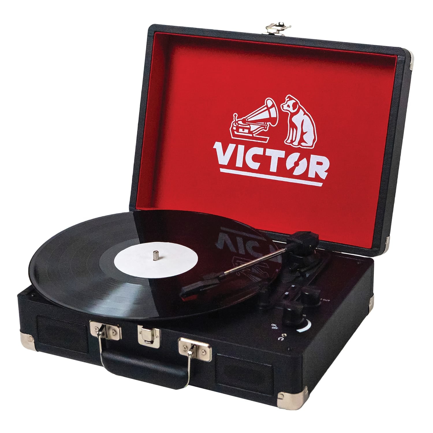 Victor 2-Watt Metro 3-Speed Belt-Drive Manual Suitcase Turntable with Built-in Speakers, Bluetooth In/Out, Aux In, and 45-RPM Adapter, Black