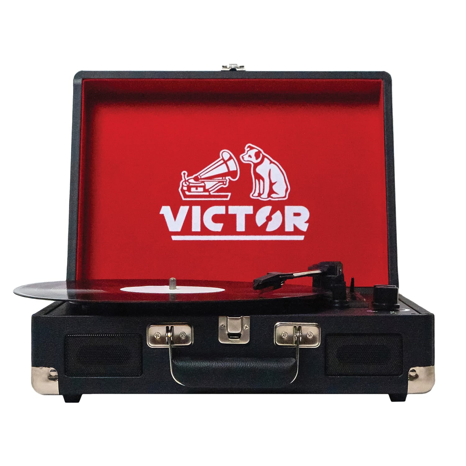 Victor 2-Watt Metro 3-Speed Belt-Drive Manual Suitcase Turntable with Built-in Speakers, Bluetooth In/Out, Aux In, and 45-RPM Adapter, Black