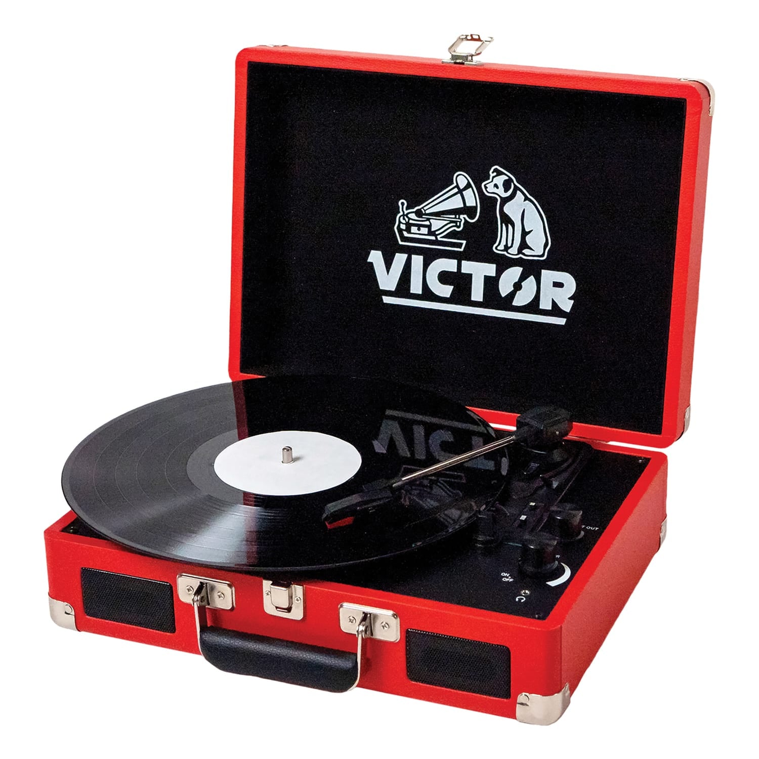 Victor 2-Watt Metro 3-Speed Belt-Drive Manual Suitcase Turntable with Built-in Speakers, Bluetooth In/Out, Aux In, and 45-RPM Adapter, Red