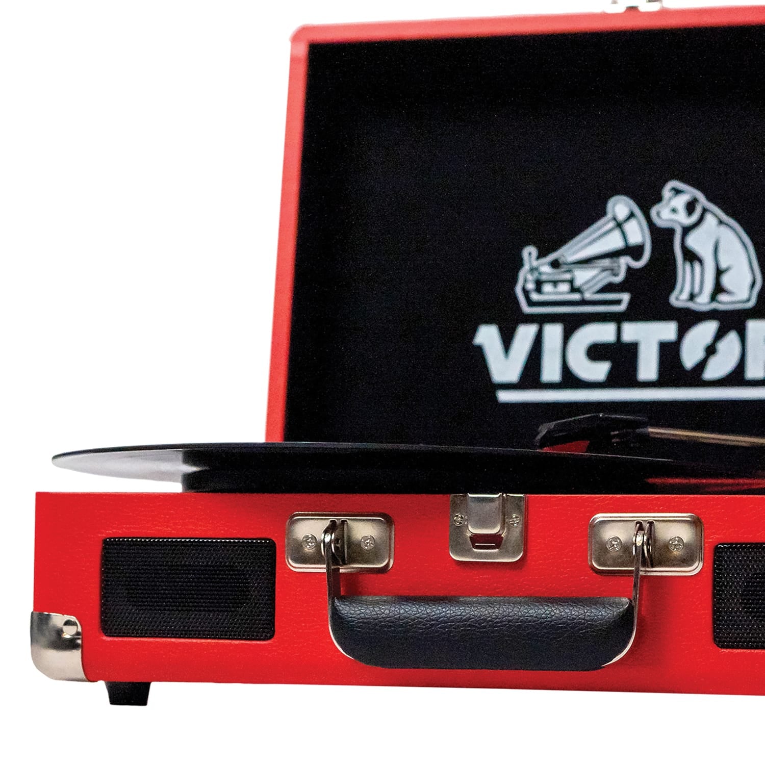 Victor 2-Watt Metro 3-Speed Belt-Drive Manual Suitcase Turntable with Built-in Speakers, Bluetooth In/Out, Aux In, and 45-RPM Adapter, Red