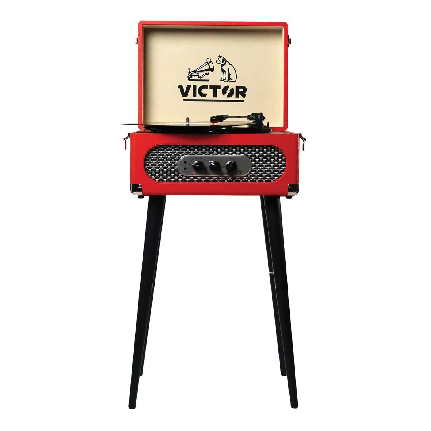 Victor 6-Watt Andover 3-Speed Belt-Drive Manual Suitcase Turntable with Built-in Speakers, Bluetooth In/Out, FM, 45 Adapter, and Legs, Red