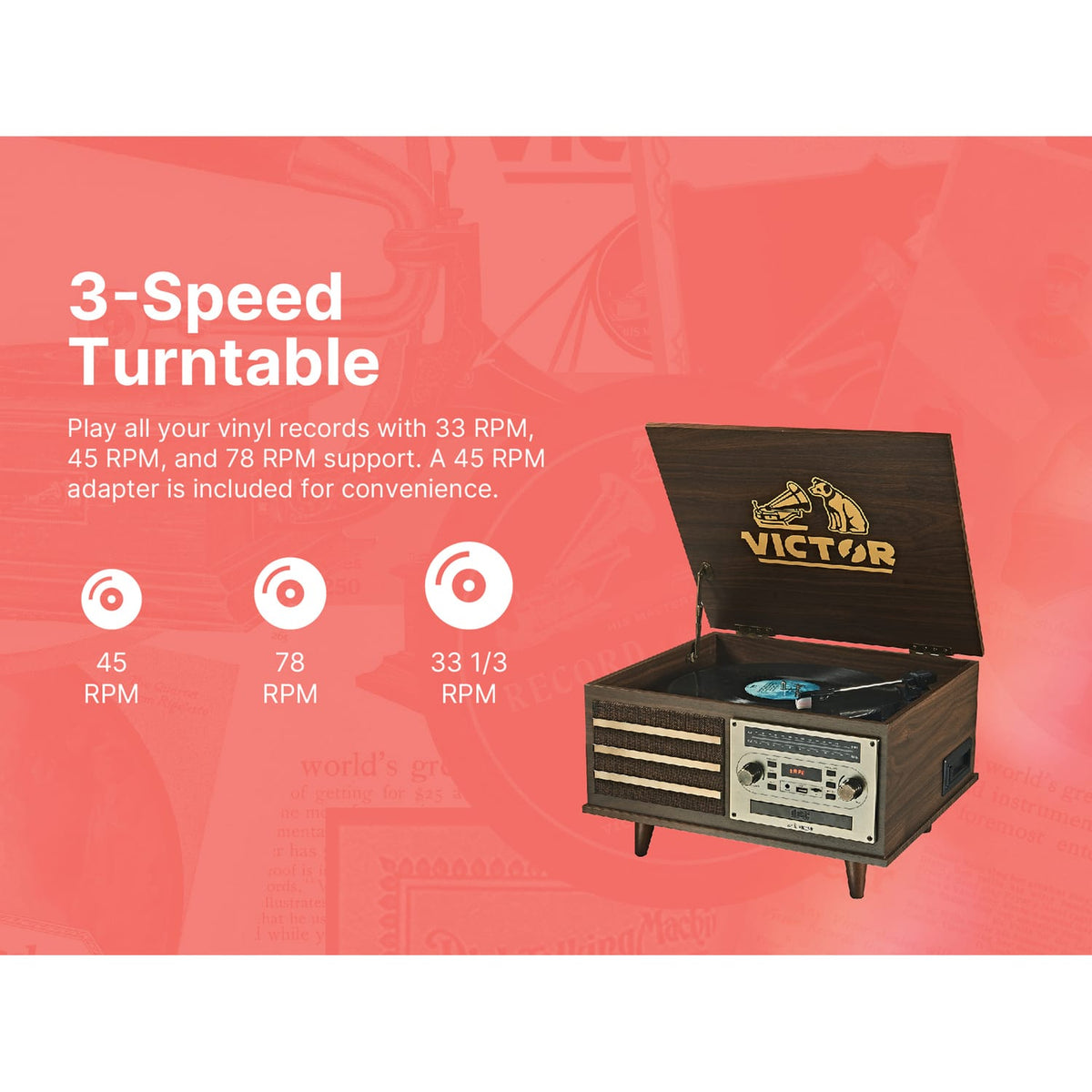 Victor 10-Watt Monroe 3-Speed Belt-Drive Manual 8-in-1 Turntable Music Center with Bluetooth In/Out, CD/Cassette/AM FM/USB/SD/Aux, 45 RPM Adapter