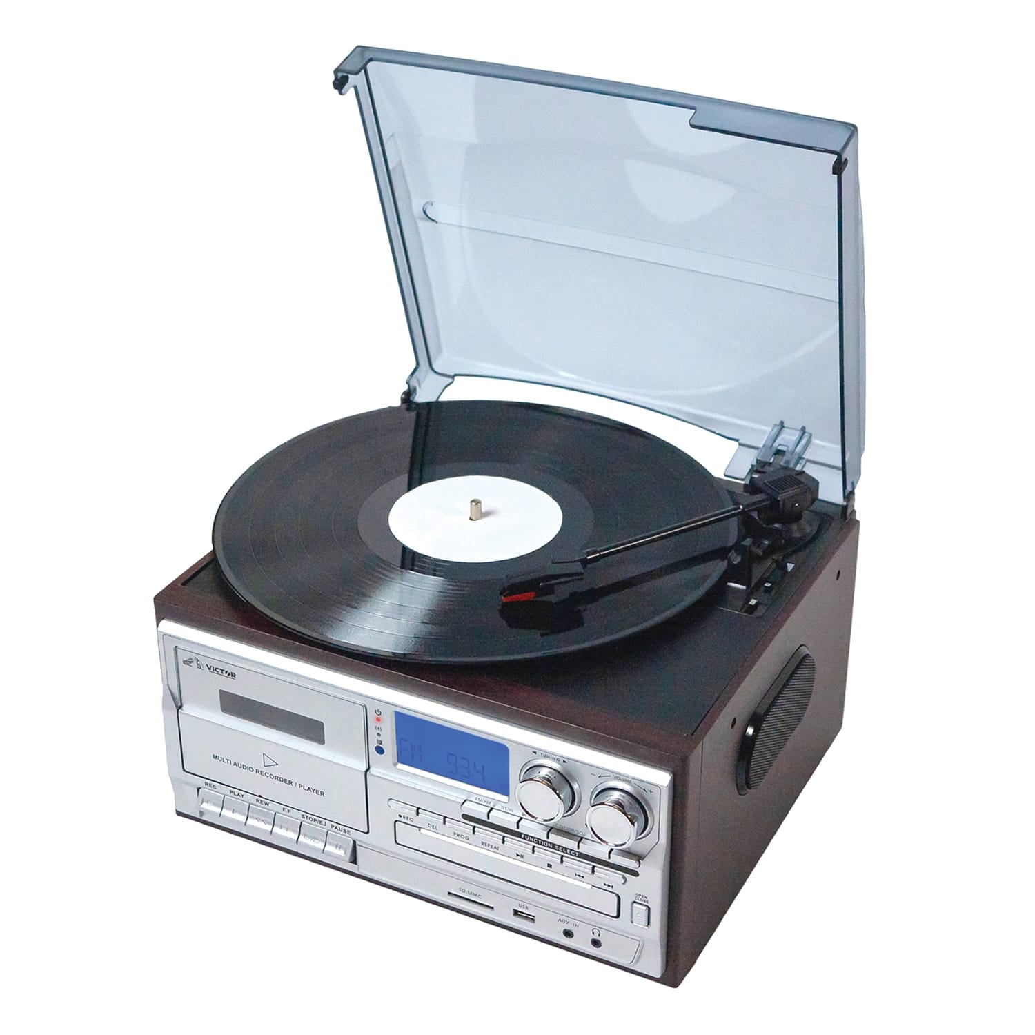 Victor 10-Watt Cosmopolitan 3-Speed Belt-Drive Manual Turntable with Built-in Speakers, Bluetooth In/Out, CD/Cassette Players, AM/FM, and 45 Adapter