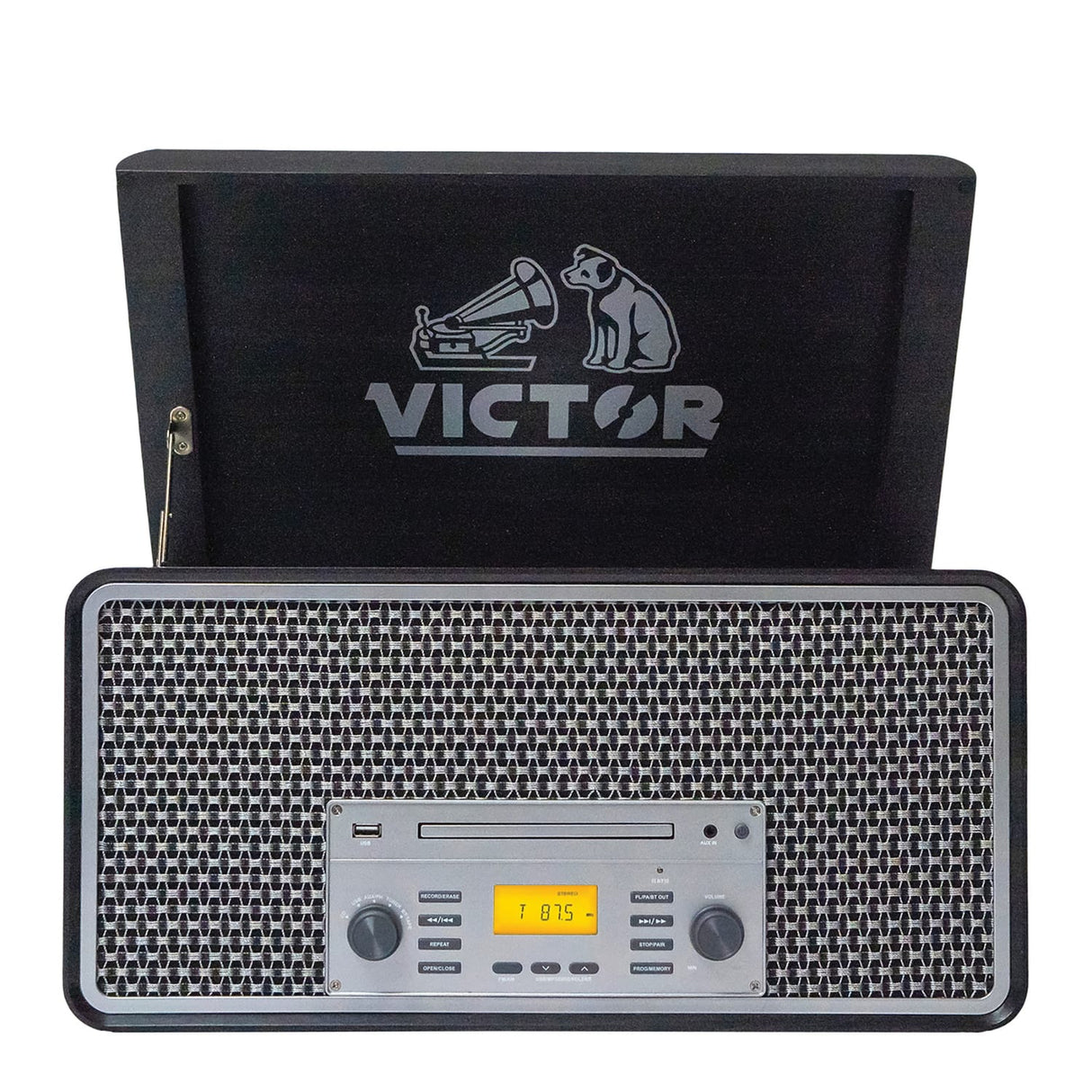 Victor 4-Watt Monument 3-Speed Belt-Drive Manual Turntable with Built-in Speakers, Bluetooth In/Out, CD/Cassette Players, AM/FM, and 45 Adapter