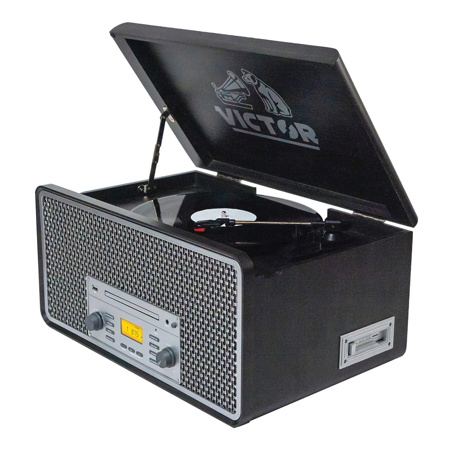 Victor 4-Watt Monument 3-Speed Belt-Drive Manual Turntable with Built-in Speakers, Bluetooth In/Out, CD/Cassette Players, AM/FM, and 45 Adapter