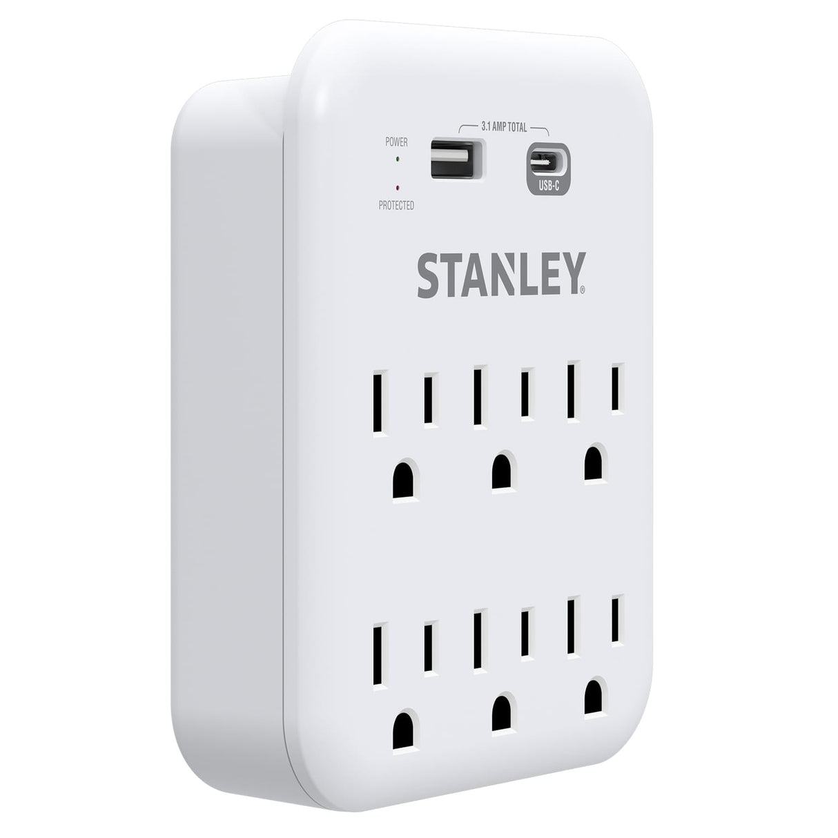 Stanley 6-AC Outlet 2-USB Port 1200-Joules SurgePro 1200 USB Extreme Surge Protector Wall Tap Adapter with Integrated Phone Shelf, 30426