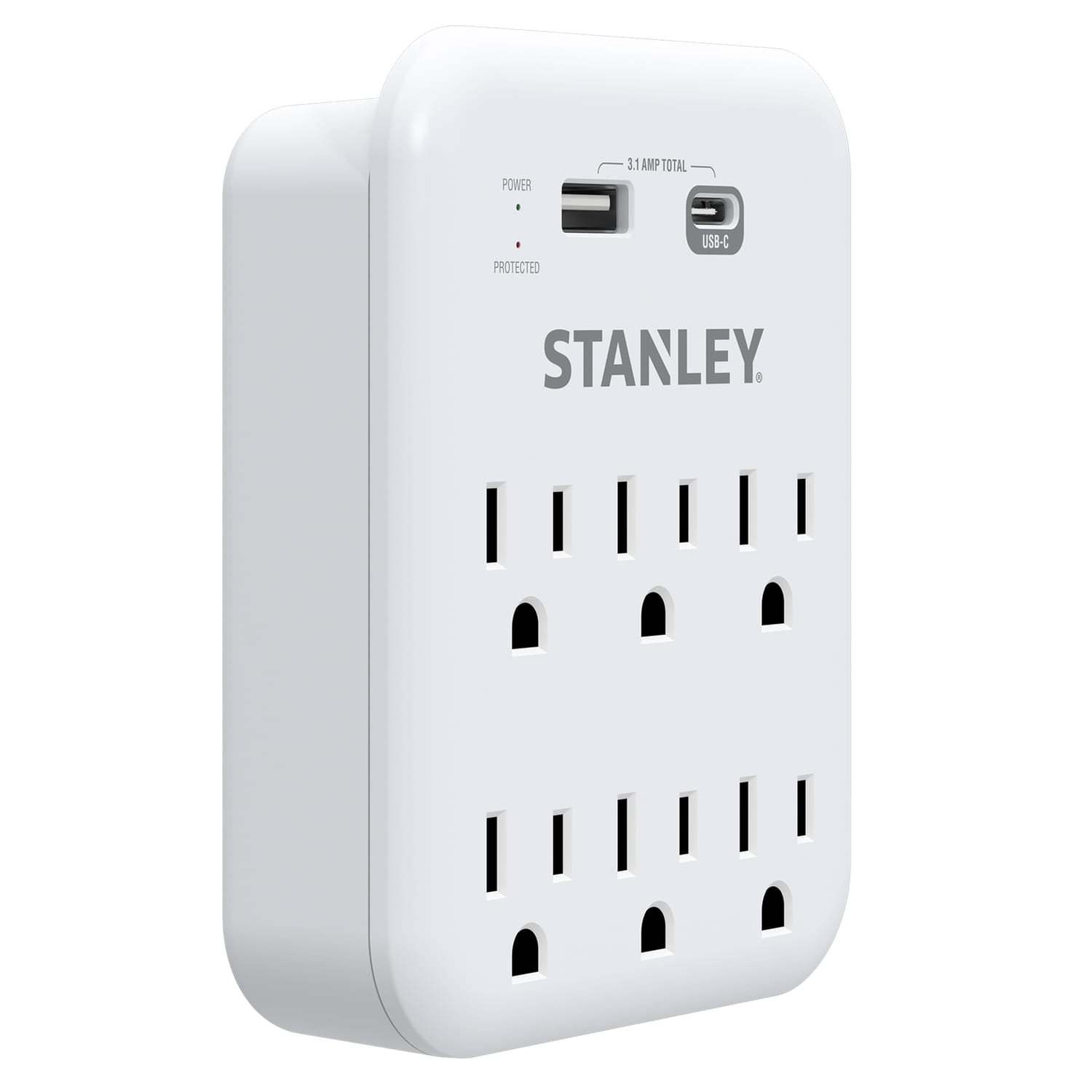 Stanley 6-AC Outlet 2-USB Port 1200-Joules SurgePro 1200 USB Extreme Surge Protector Wall Tap Adapter with Integrated Phone Shelf, 30426
