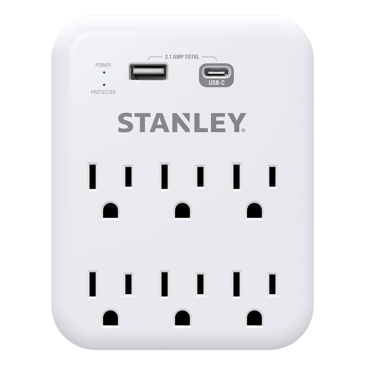 Stanley 6-AC Outlet 2-USB Port 1200-Joules SurgePro 1200 USB Extreme Surge Protector Wall Tap Adapter with Integrated Phone Shelf, 30426