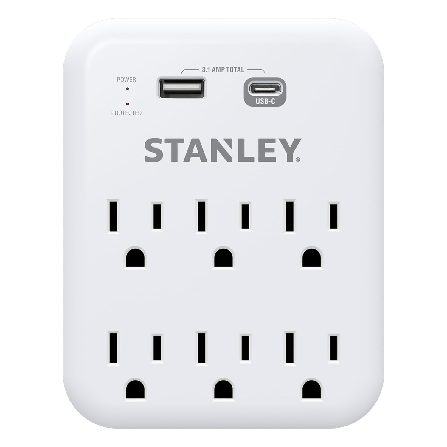 Stanley 6-AC Outlet 2-USB Port 1200-Joules SurgePro 1200 USB Extreme Surge Protector Wall Tap Adapter with Integrated Phone Shelf, 30426