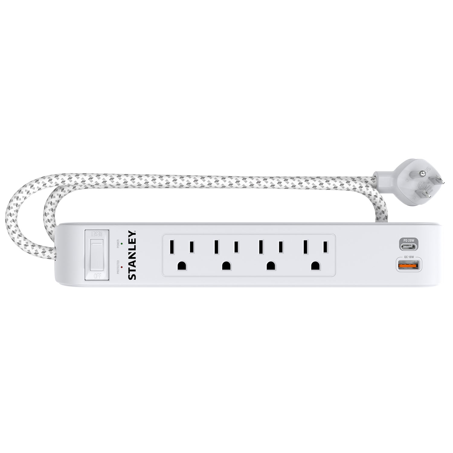Stanley 4-AC Outlet 2-USB Port 600-Joules SurgeMax Surge Protector Power Strip with PD, 6-Ft. Fabric-Braided Cord with Low-Profile Plug, 33253