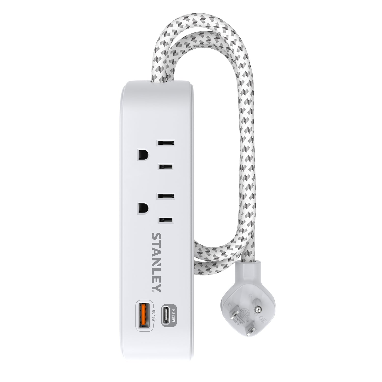 Stanley 2-AC Outlet 2-USB Port 300-Joules SurgeMax Surge Protector Power Strip with PD, 6-Ft. Fabric-Braided Cord with Low-Profile Plug, White