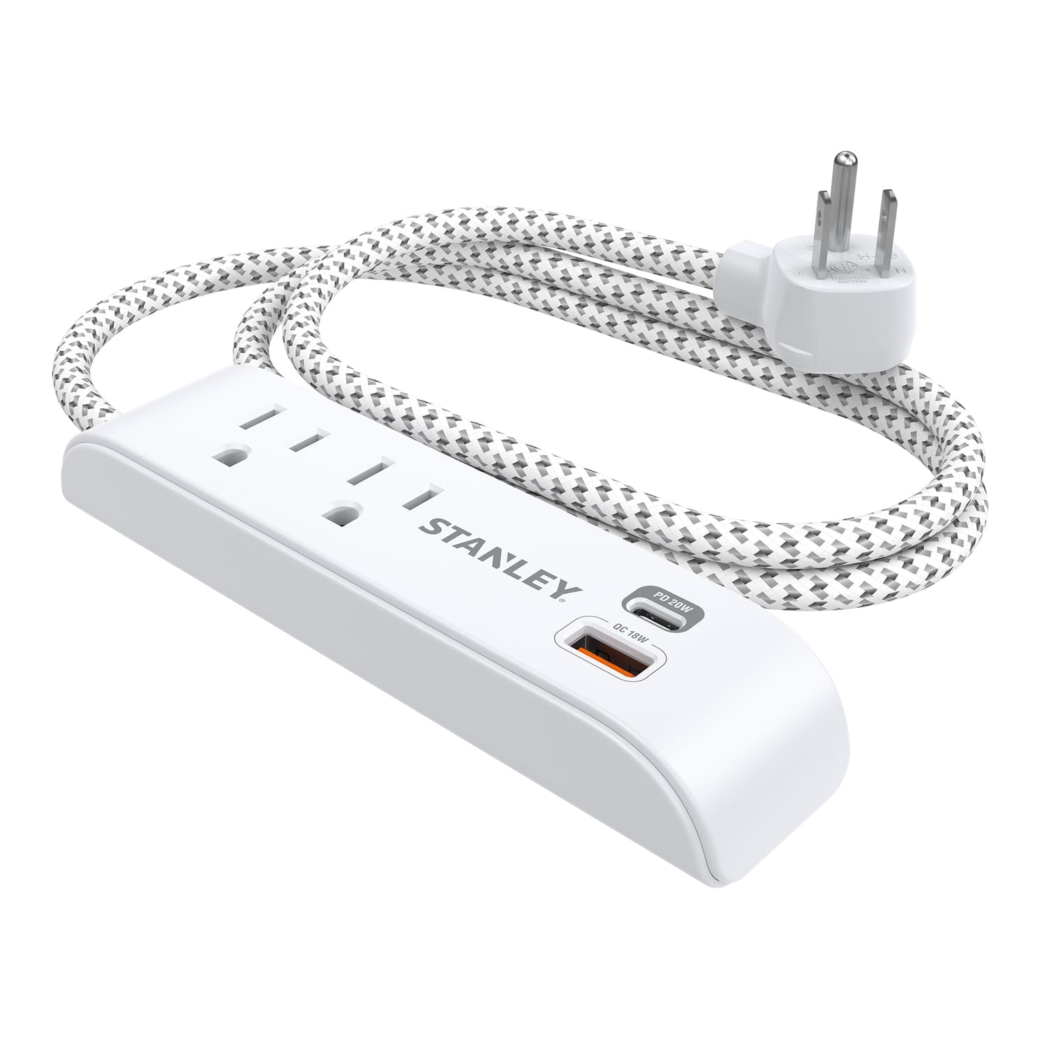 Stanley 2-AC Outlet 2-USB Port 300-Joules SurgeMax Surge Protector Power Strip with PD, 6-Ft. Fabric-Braided Cord with Low-Profile Plug, White