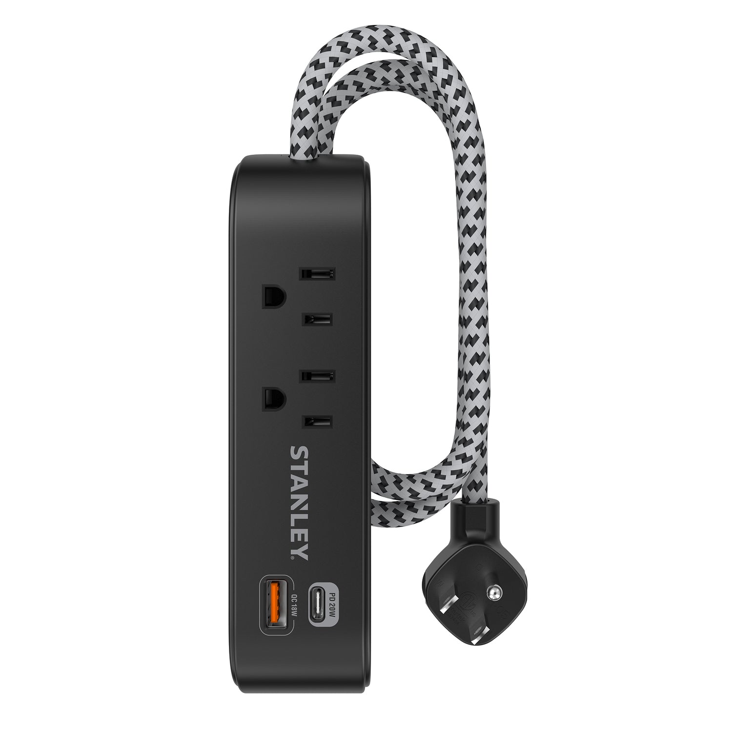 Stanley 2-AC Outlet 2-USB Port 300-Joules SurgeMax Surge Protector Power Strip with PD, 6-Ft. Fabric-Braided Cord with Low-Profile Plug, Black
