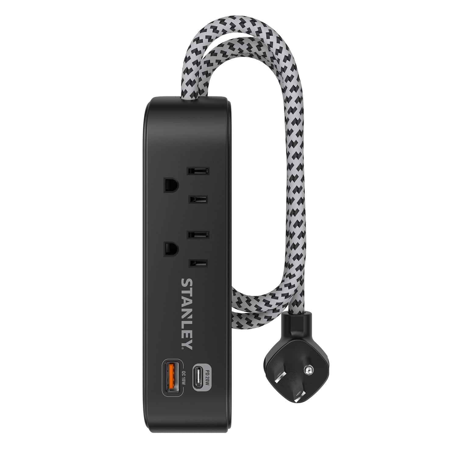 Stanley 2-AC Outlet 2-USB Port 300-Joules SurgeMax Surge Protector Power Strip with PD, 6-Ft. Fabric-Braided Cord with Low-Profile Plug, Black