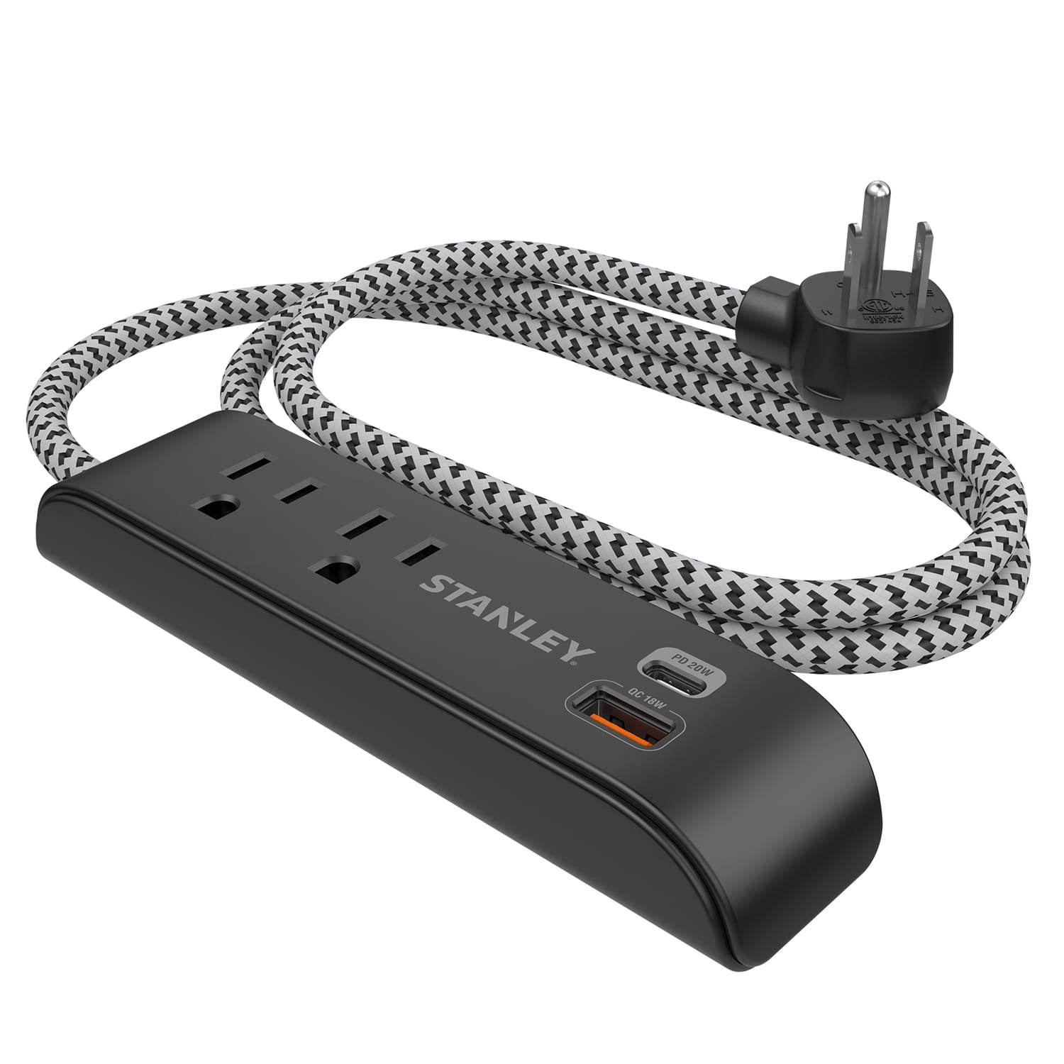 Stanley 2-AC Outlet 2-USB Port 300-Joules SurgeMax Surge Protector Power Strip with PD, 6-Ft. Fabric-Braided Cord with Low-Profile Plug, Black